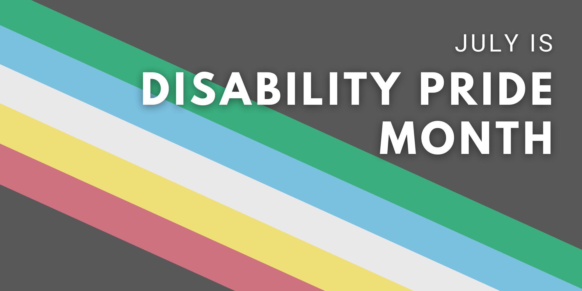 A banner of the new disability pride flag with muted green, blue, white, yellow and red stripes set horizontally on a muted gray background, with the words "July is Disability Pride Month" on top.