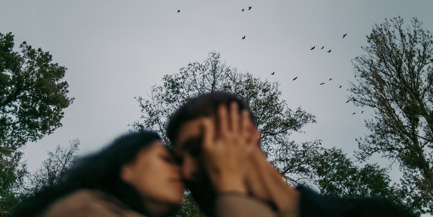 A dark and blurry outdoor photograph of a man and woman kissing against a gray sky, bare branches, and birds flying.